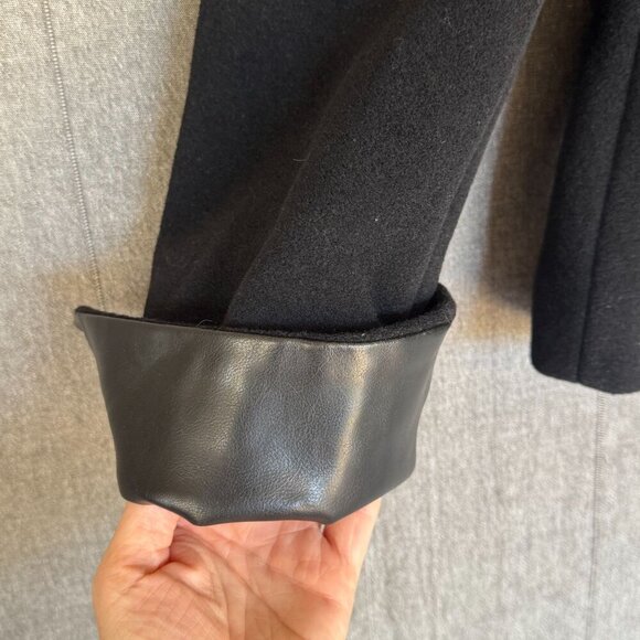 Vintage Newport News Black Wool Blend Faux Leather Floral Applique Collar Coat - Picture 6 of 14